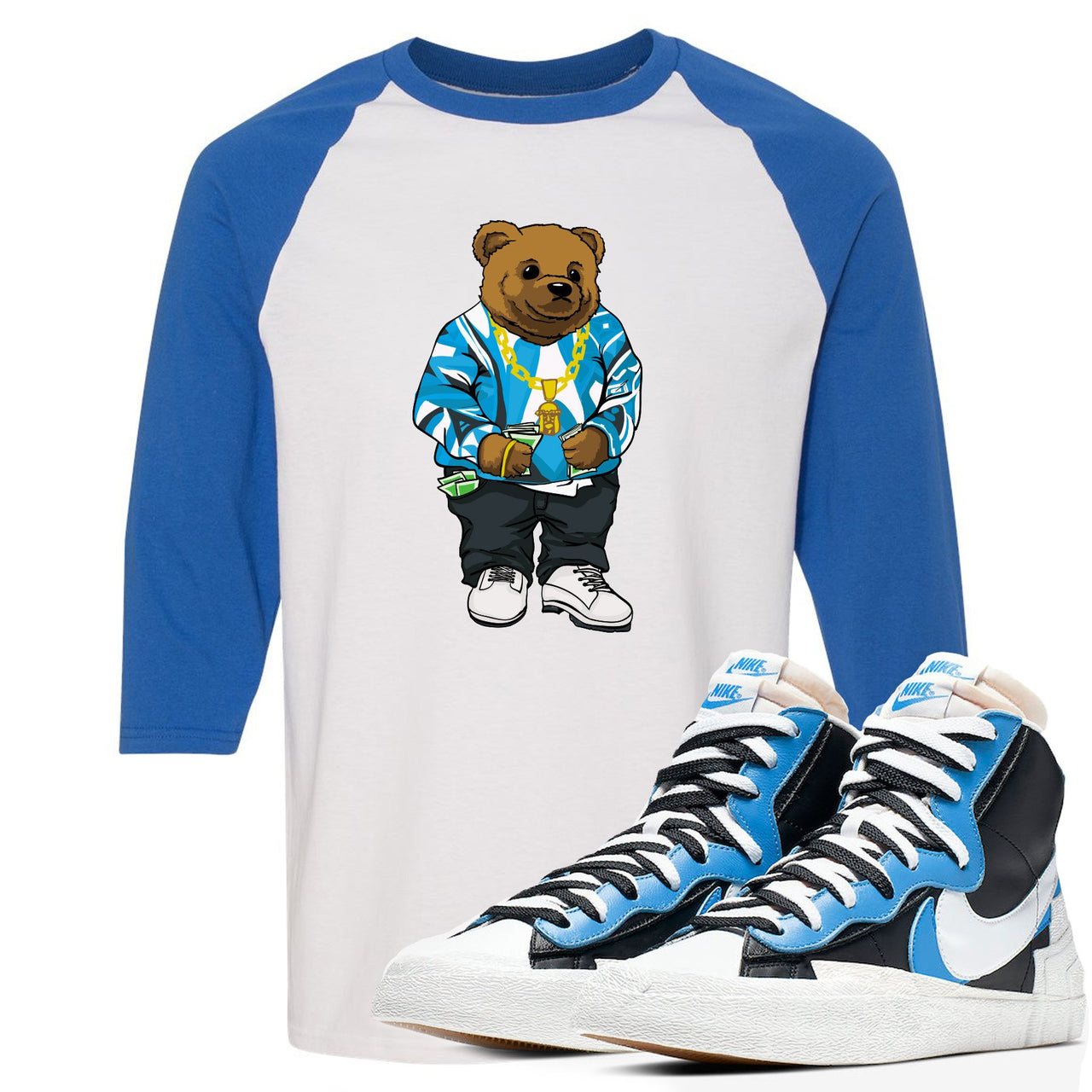 University Blue Blazers Raglan T Shirt | Sweater Bear, White and Blue