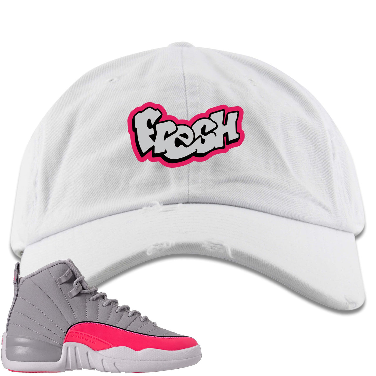Grey Pink 12s Distressed Dad Hat | Fresh, White
