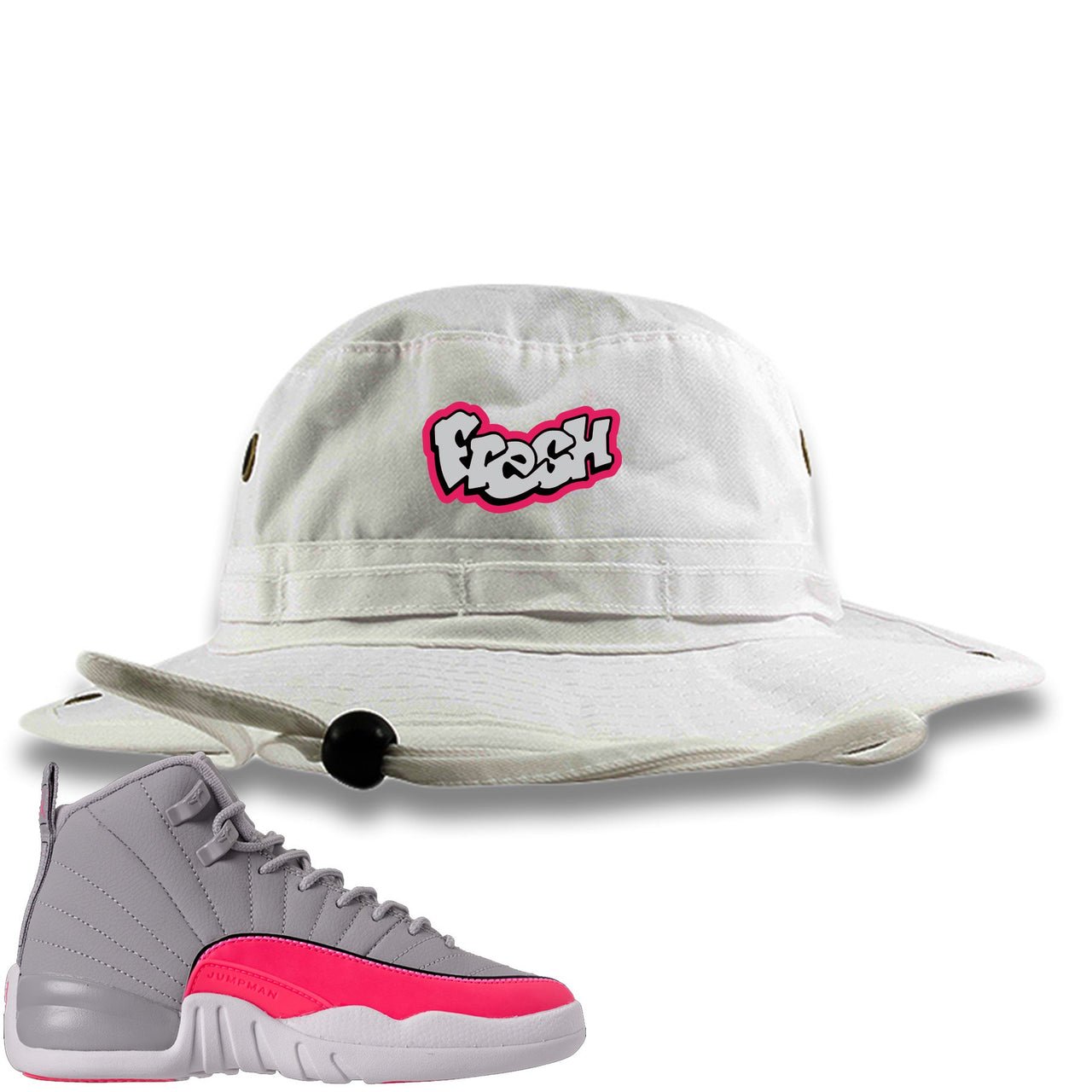 Grey Pink 12s Bucket Hat | Fresh, White