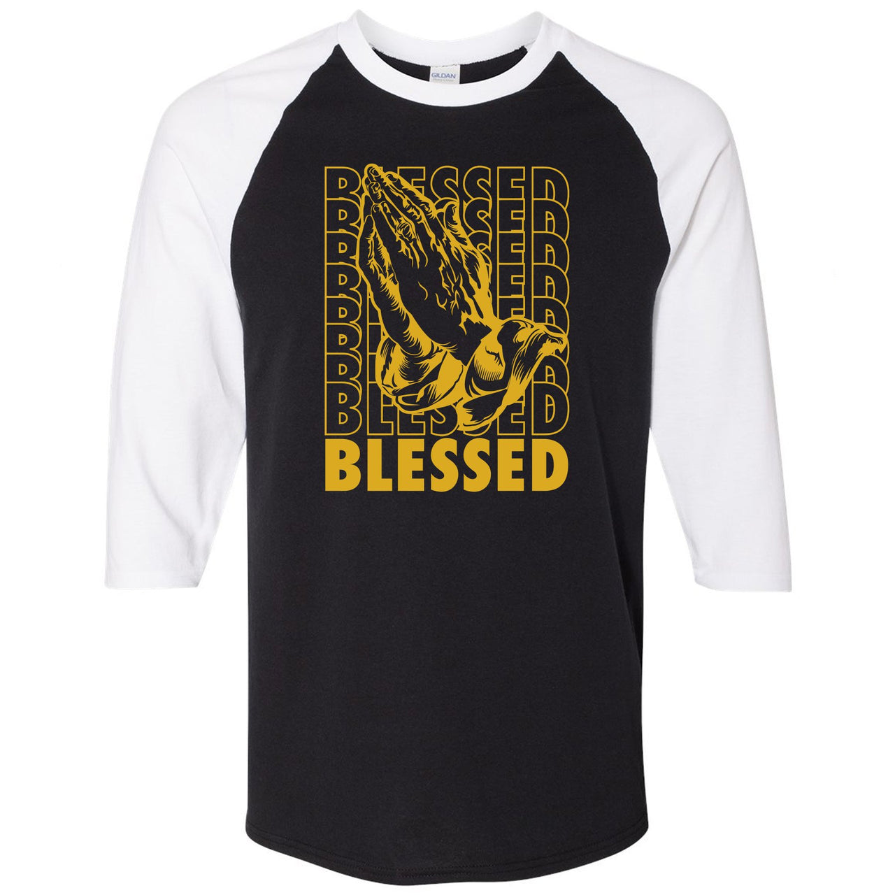 Michigan Inspire 5s Raglan T Shirt | Blessed Praying Hands, Black and White