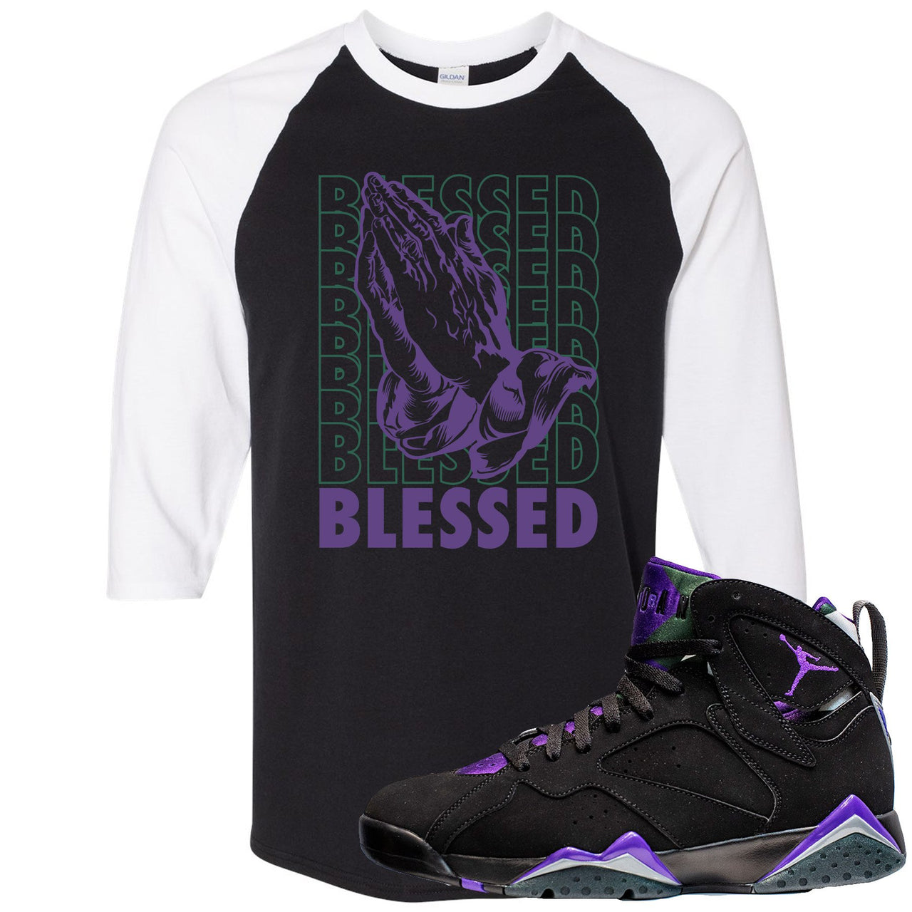 Ray Allen 7s Sneaker Hook Up Blessed Praying Hands Black and White Raglan T-Shirt