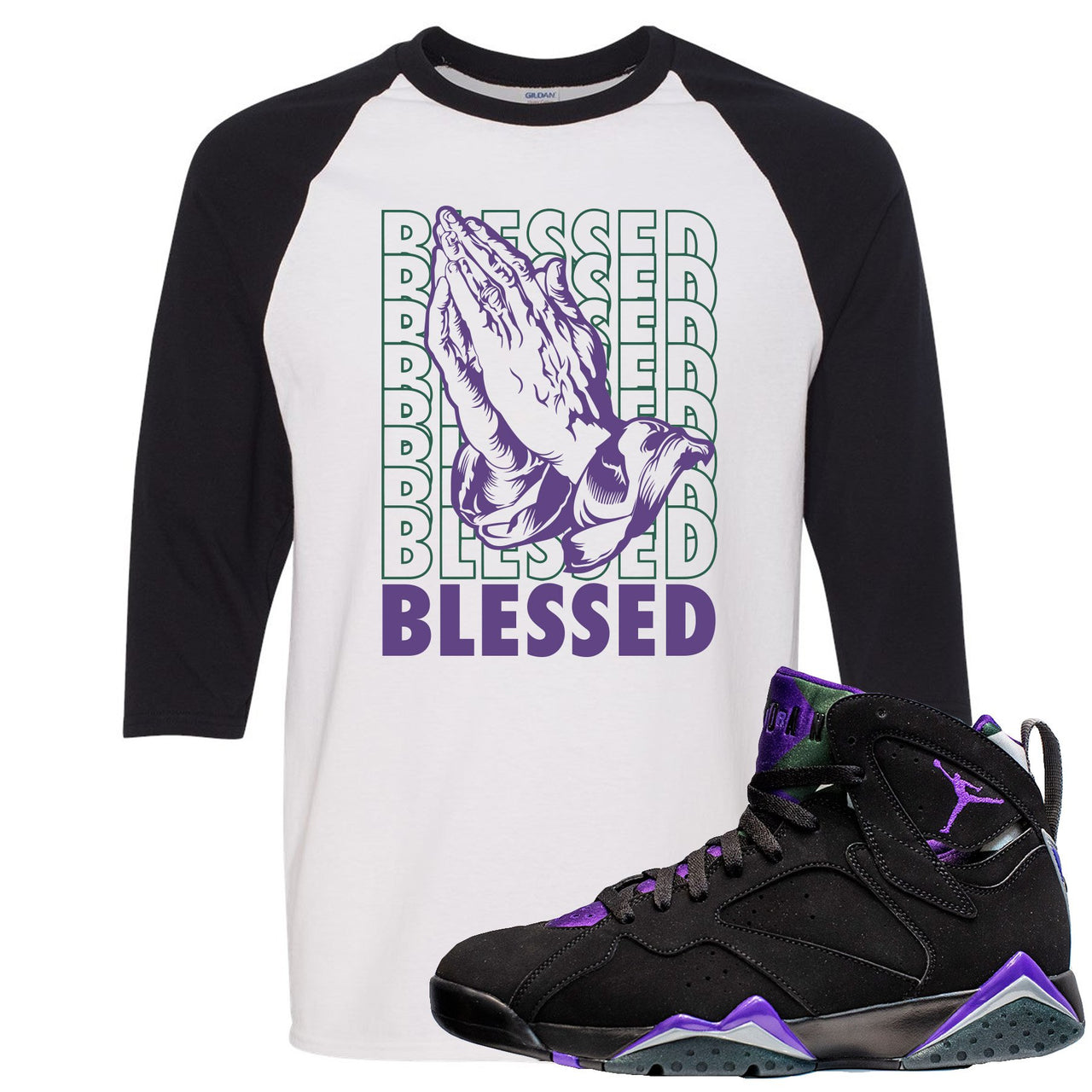 Ray Allen 7s Sneaker Hook Up Blessed Praying Hands White and Black Raglan T-Shirt