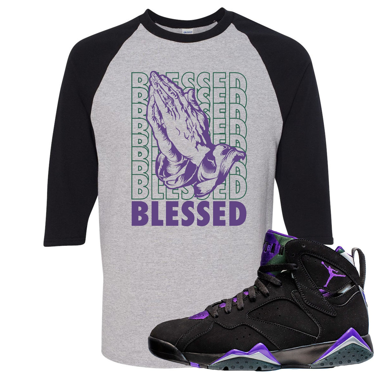 Ray Allen 7s Sneaker Hook Up Blessed Praying Hands Sports Gray and Black Raglan T-Shirt