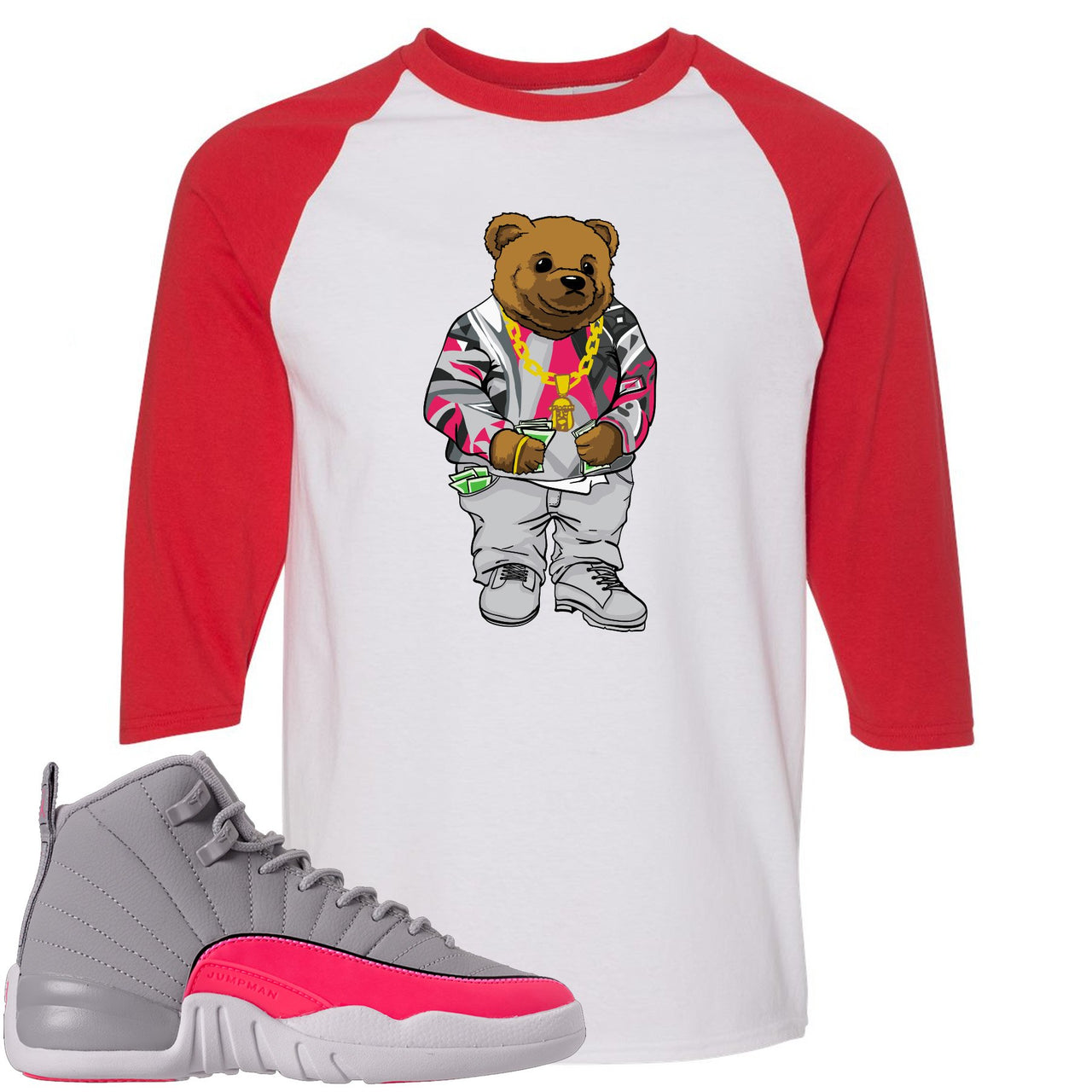 Grey Pink 12s Raglan T Shirt | Sweater Bear, White and Red