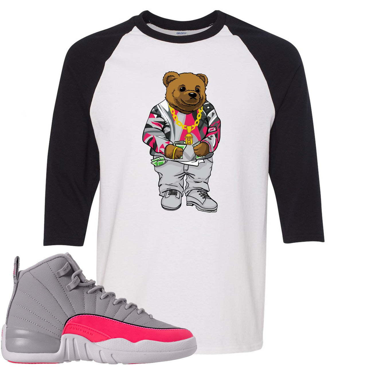 Grey Pink 12s Raglan T Shirt | Sweater Bear, White and Black