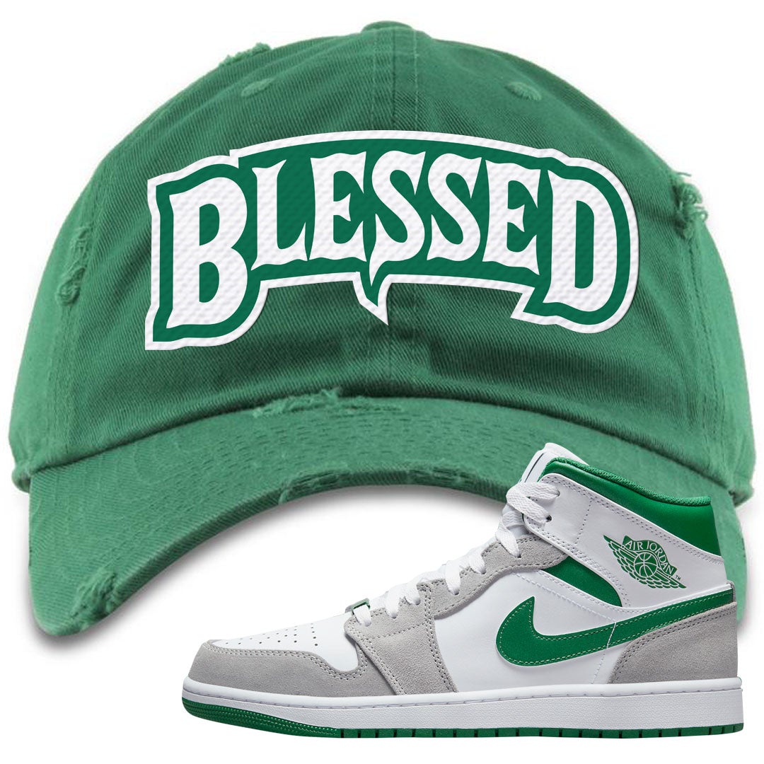 Light Smoke Pine Green Mid 1s Distressed Dad Hat | Blessed Arch, Kelly Green