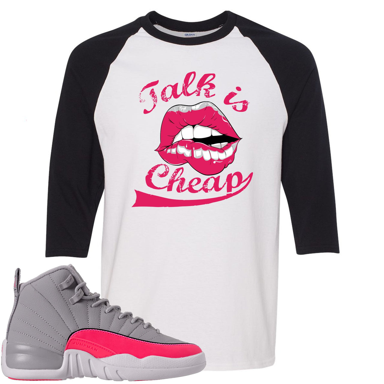 Grey Pink 12s Raglan T Shirt | Talking Lips, White and Black