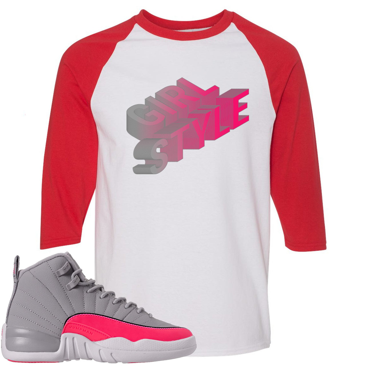 Grey Pink 12s Raglan T Shirt | Girl Style, White and Red