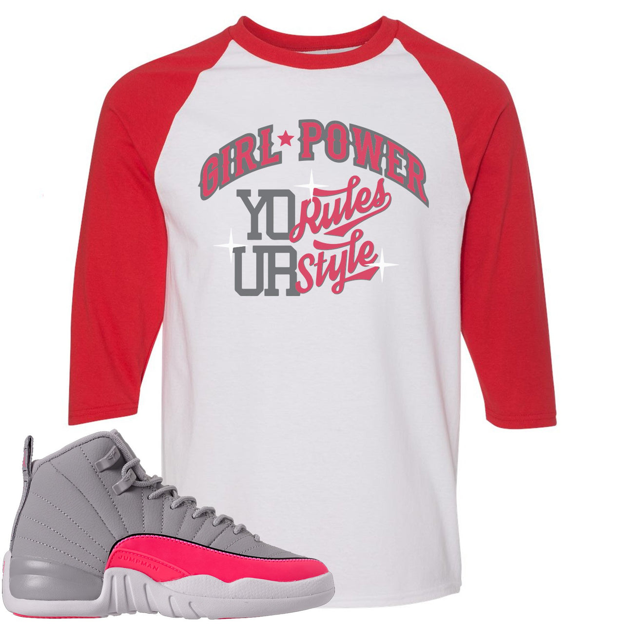 Grey Pink 12s Raglan T Shirt | Girl Power, White and Red