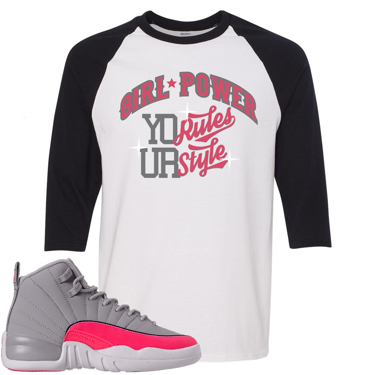Grey Pink 12s Raglan T Shirt | Girl Power, White and Black