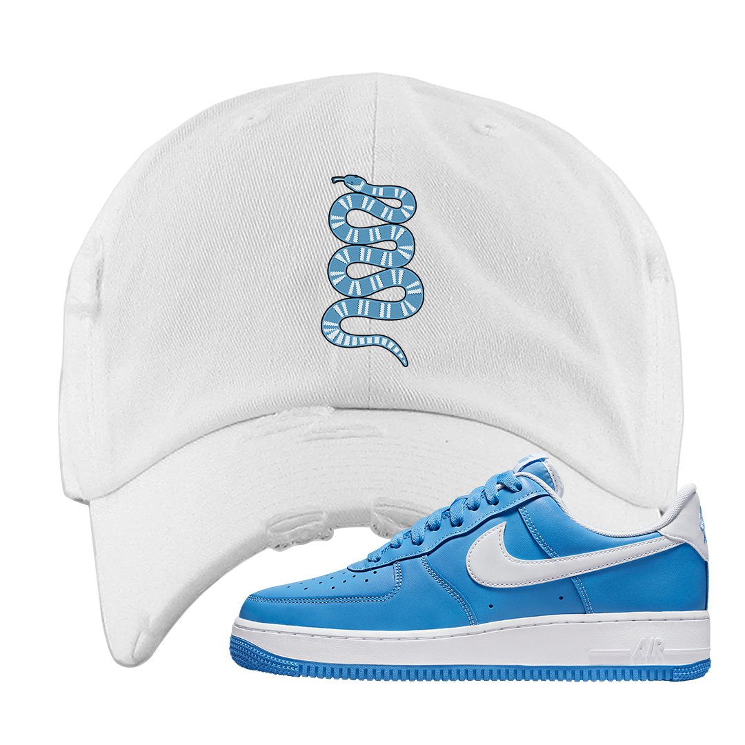 University Blue Low AF1s Distressed Dad Hat | Coiled Snake, White