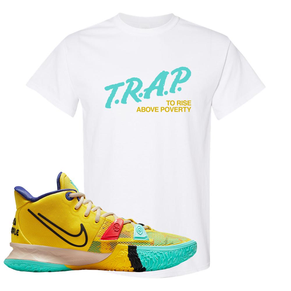 1 World 1 People Yellow 7s T Shirt | Trap To Rise Above Poverty, White
