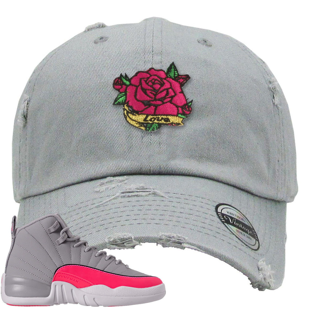 Grey Pink 12s Distressed Dad Hat | Rose Love, Light Grey