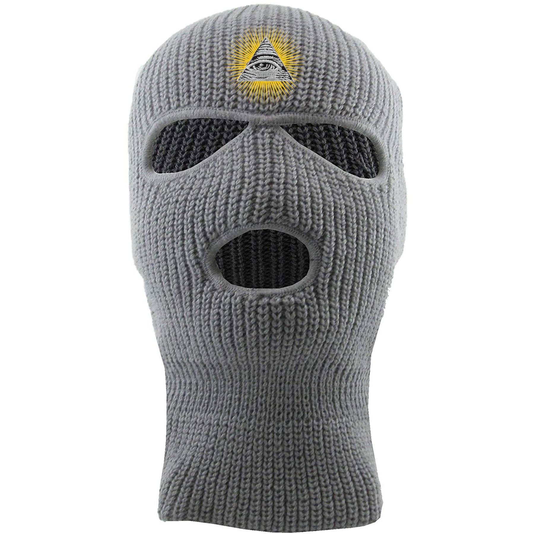 Embroidered on the front of the all seeing eye light gray ski mask is the pyramid logo embroidered in white, black, and gold