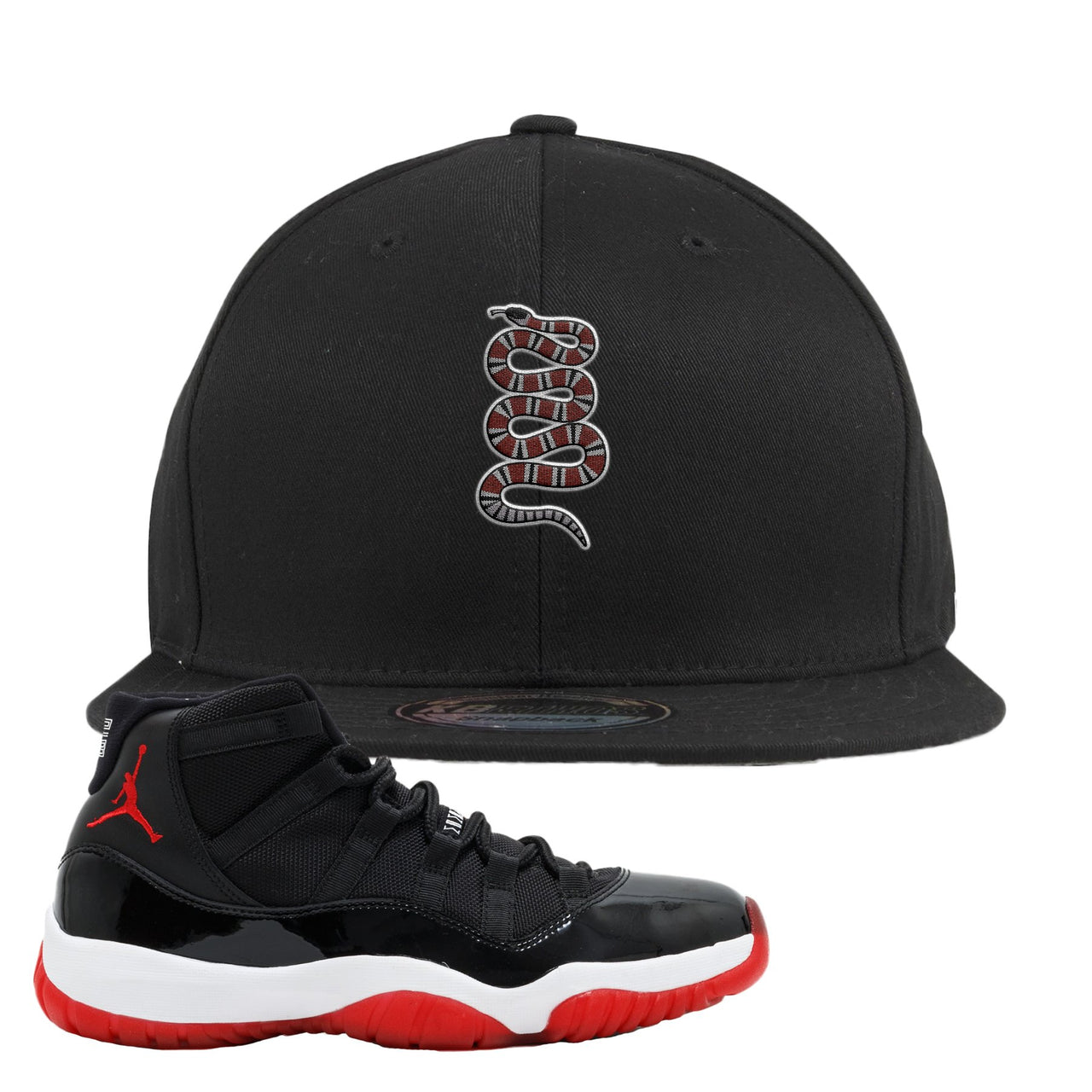 Jordan 11 Bred Coiled Snake Black Sneaker Hook Up Snapback Hat
