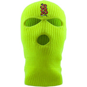 Embroidered on the forehead of the safety yellow coiled snake ski mask is the snake logo in red, white, and black |Jackboys ski mask