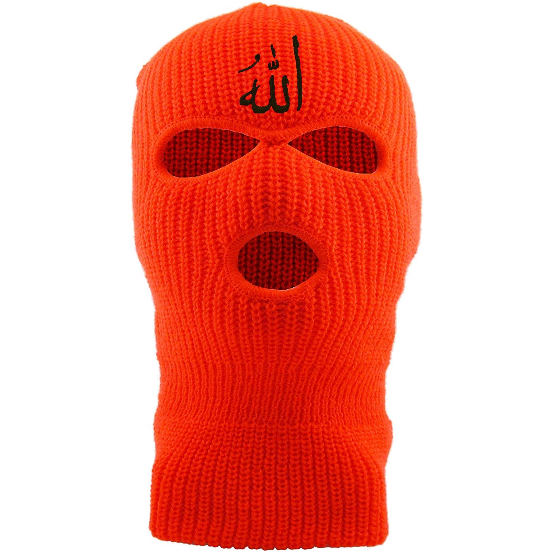 Embroidered on the front of the safety orange Allah ski mask is the arabic writing for the word allah