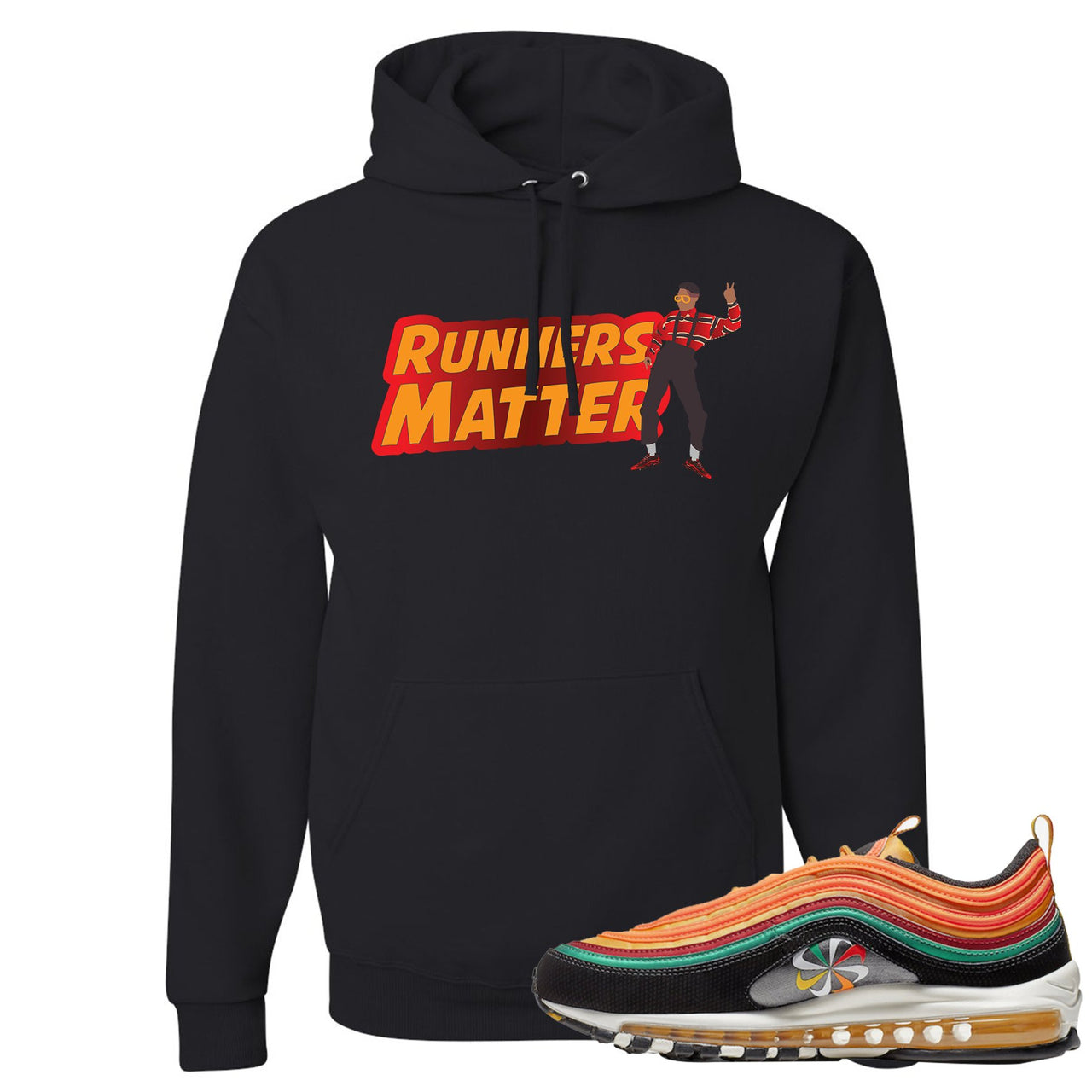 Printed on the front of the Air Max 97 Sunburst black sneaker matching pullover hoodie is the Runners Matter logo