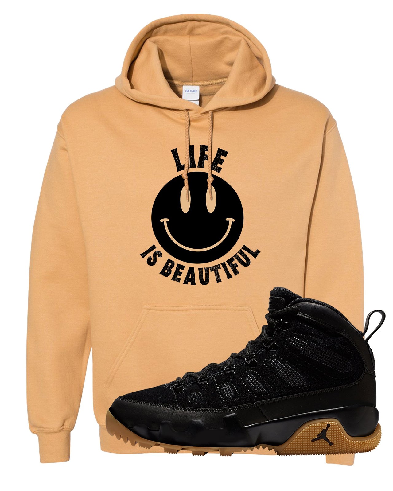 NRG Black Gum Boot 9s Hoodie | Smile Life Is Beautiful, Old Gold
