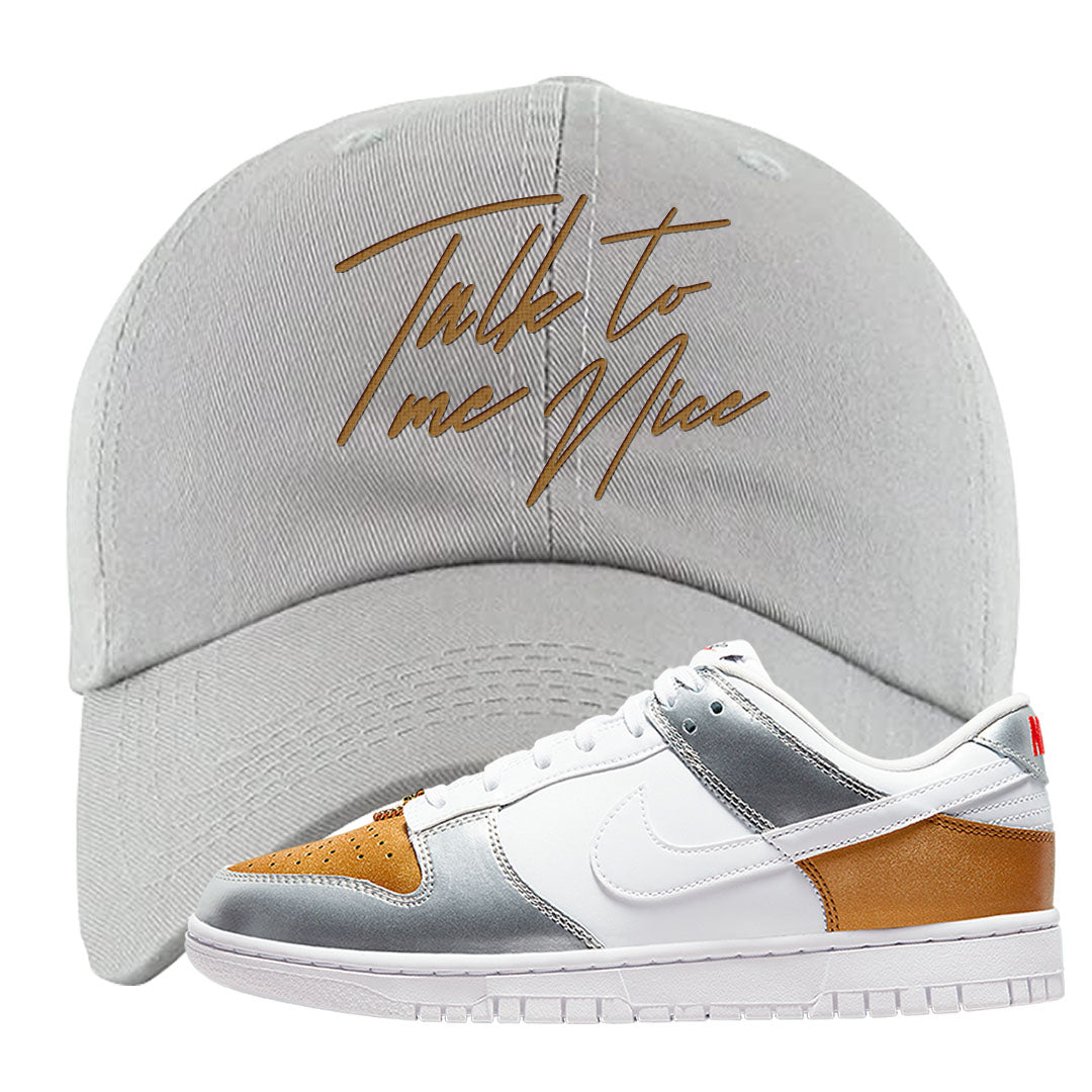 Gold Silver Red Low Dunks Dad Hat | Talk To Me Nice, Light Gray
