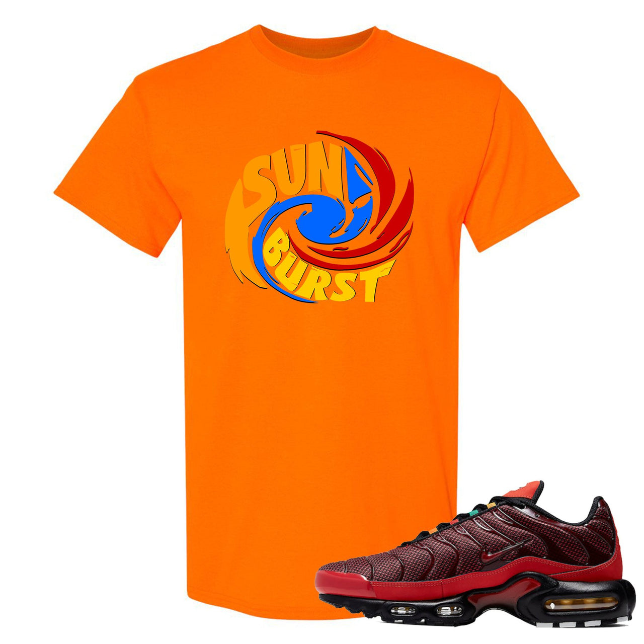 printed on the front of the air max plus sunburst sneaker matching safety orange tee shirt is the sunburst hurricane logo