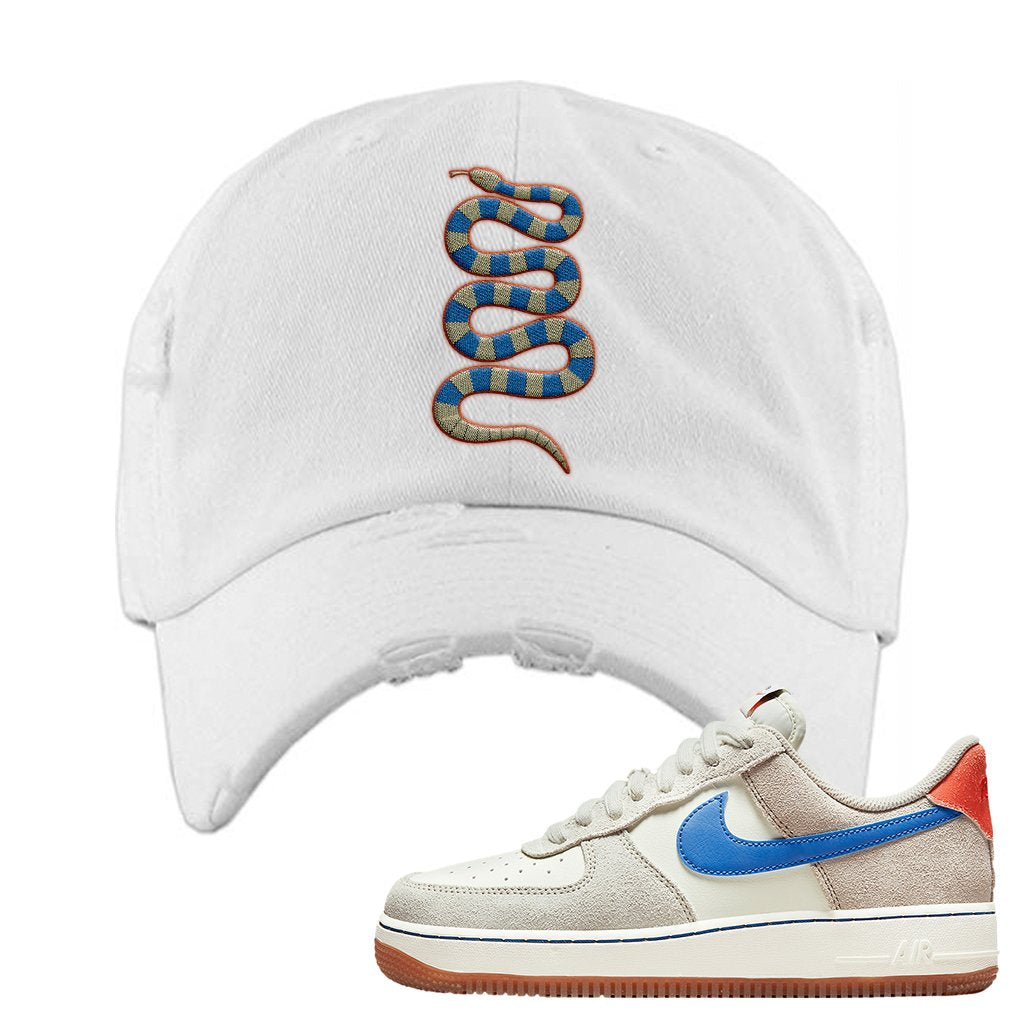 First Use Low 1s Suede Distressed Dad Hat | Coiled Snake, White