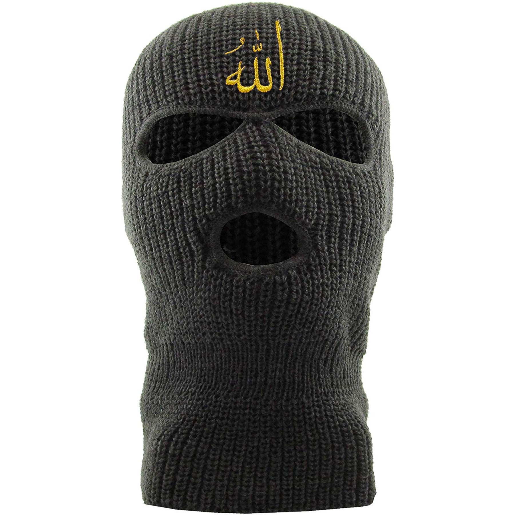 Embroidered on the front of the dark gray Allah ski mask is the arabic writing for the word allah