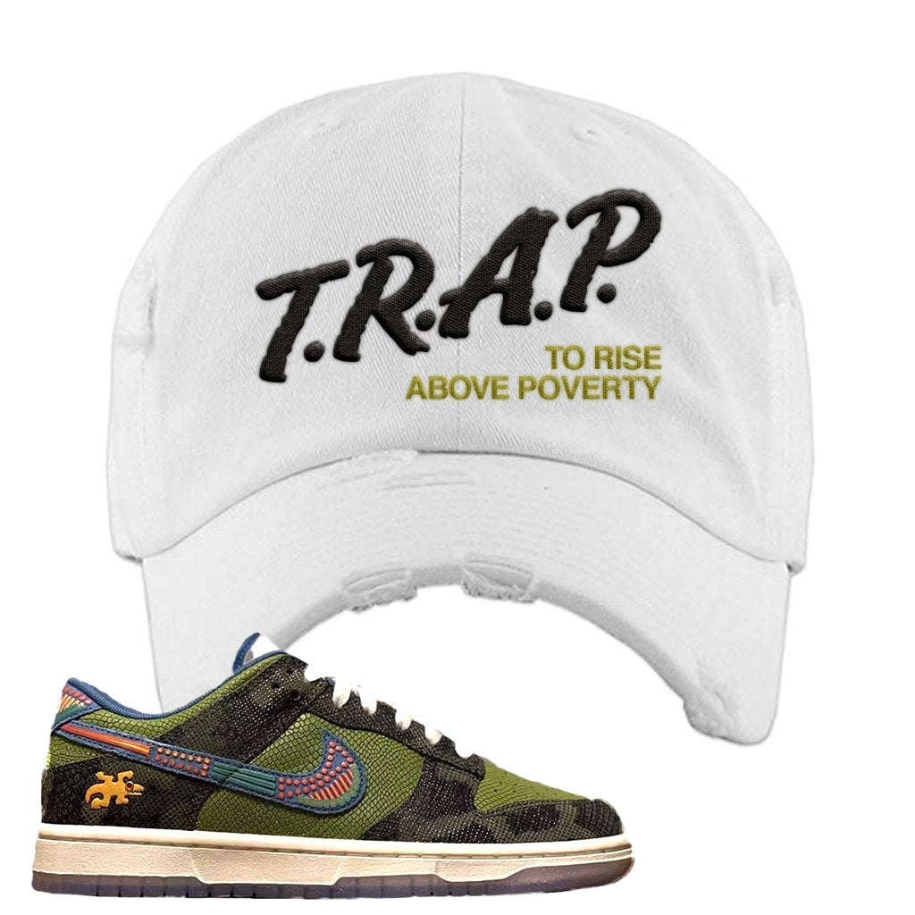 Siempre Familia Low Dunks Distressed Dad Hat | Trap To Rise Above Poverty, White