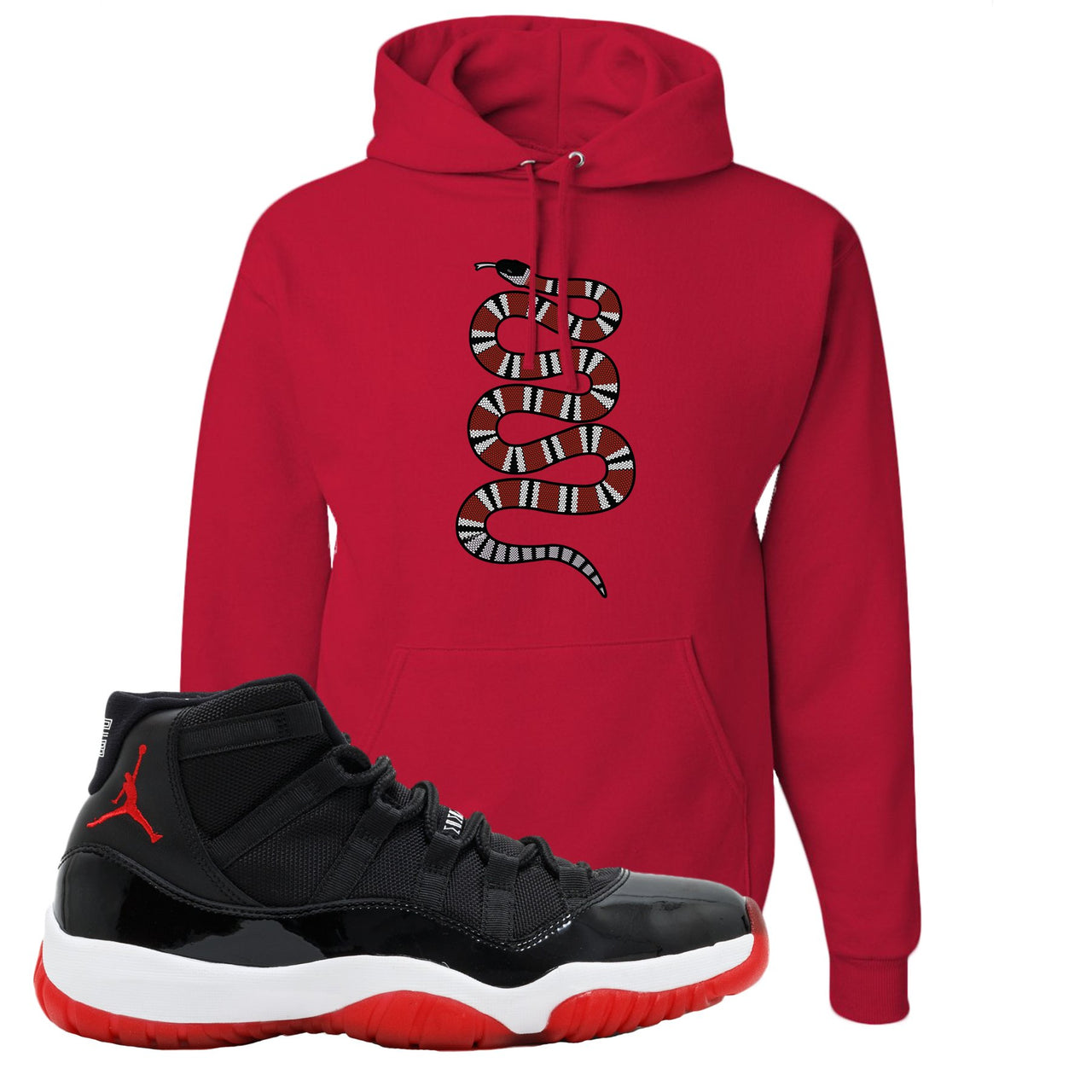 Jordan 11 Bred Coiled Snake Red Sneaker Hook Up Pullover Hoodie