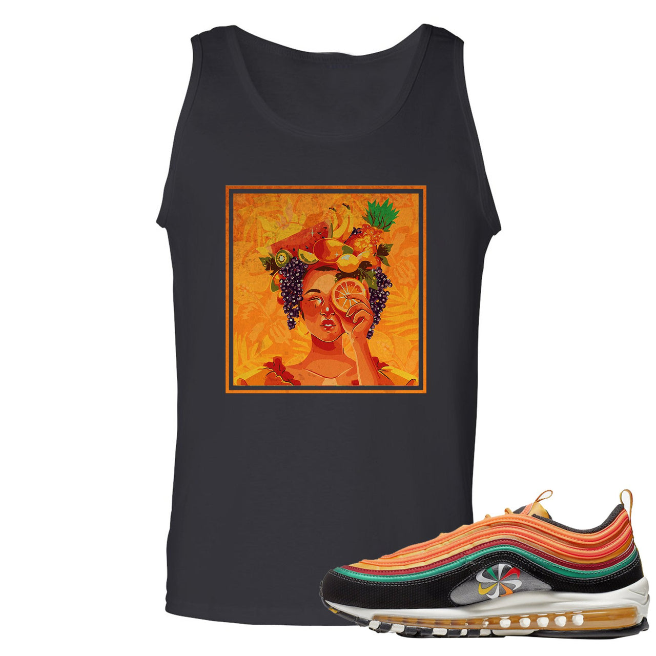 Printed on the front of the Air Max 97 Sunburst black sneaker matching tank top is the Lady Fruit logo