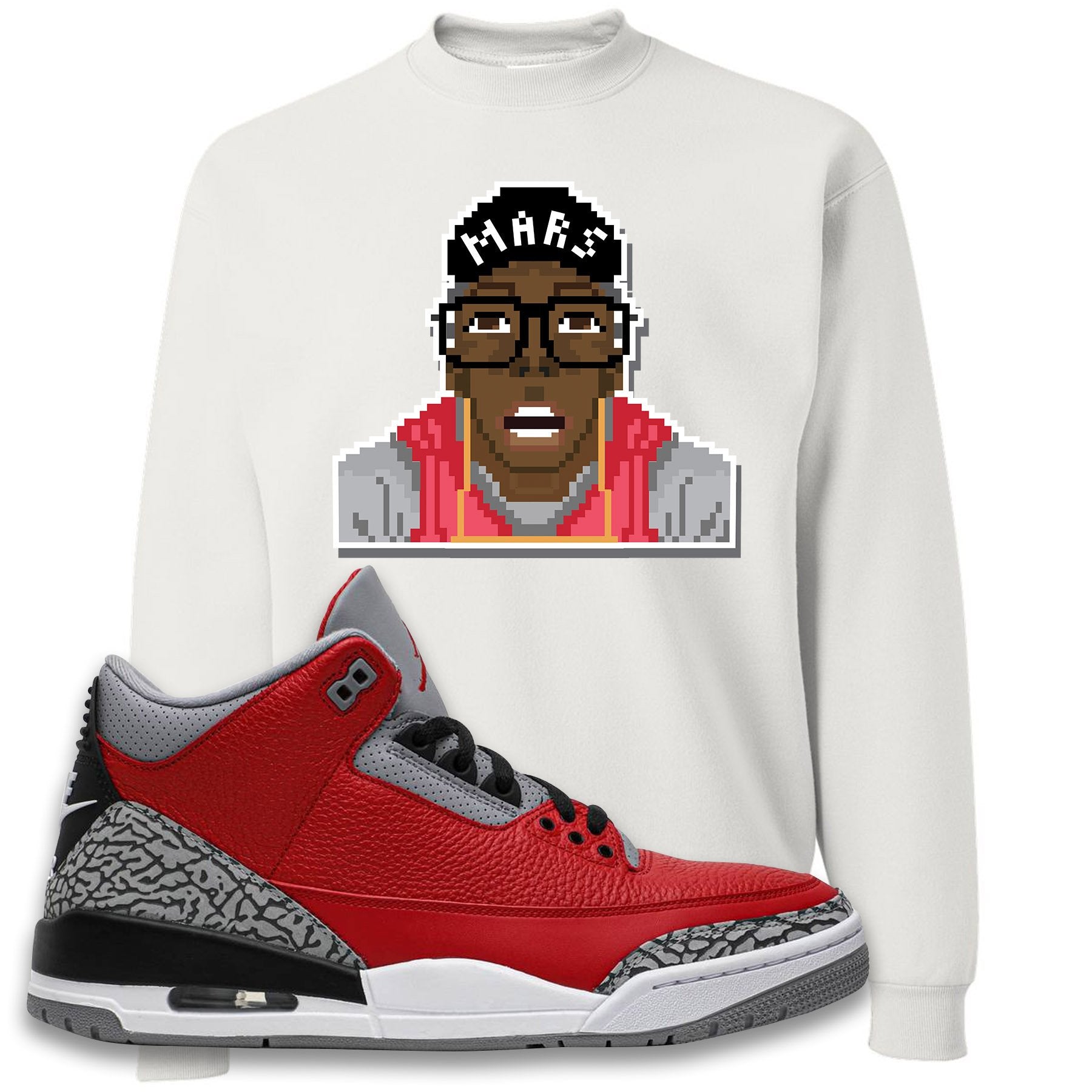 Chicago Exclusive Jordan 3 Red Cement Sneaker White Crewneck Sweatshirt | Crewneck to match Jordan 3 All Star Red Cement Shoes | Mars Pixel