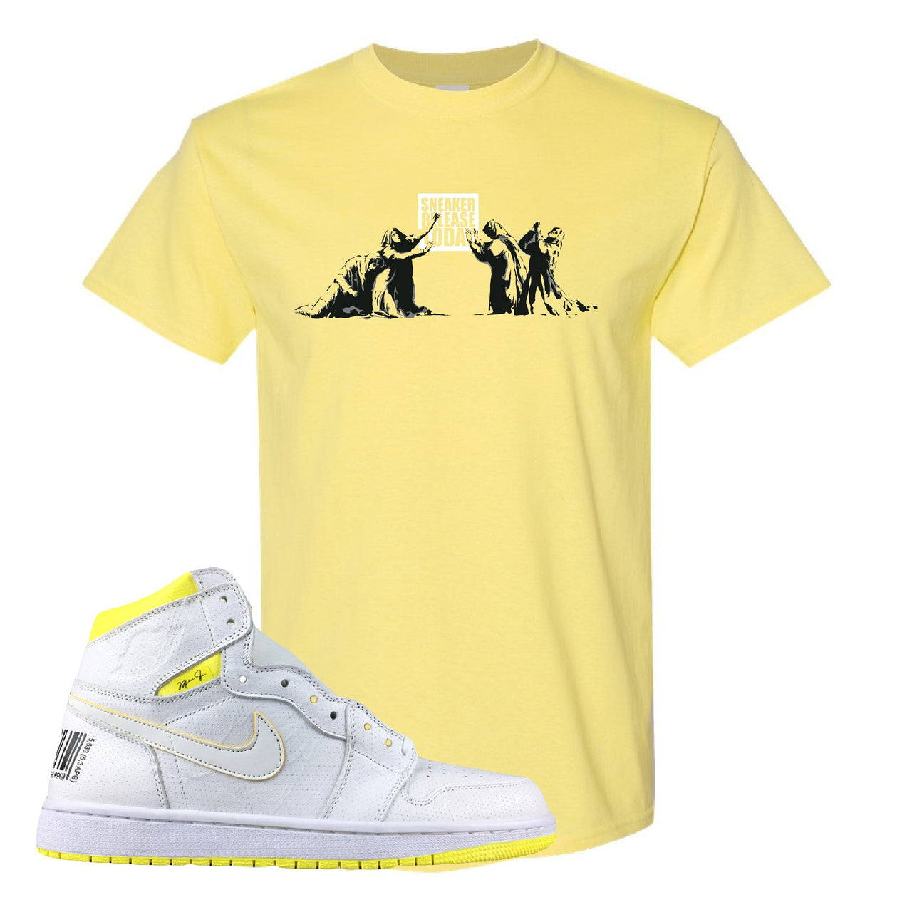 Air Jordan 1 First Class Flight Sneaker Release Today Yellow Sneaker Matching T-Shirt