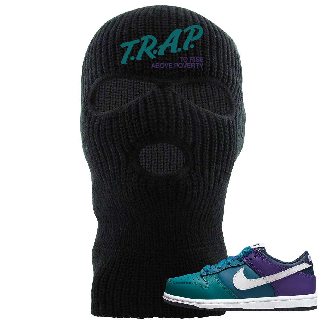 Teal Purple Low Dunks Ski Mask | Trap To Rise Above Poverty, Black
