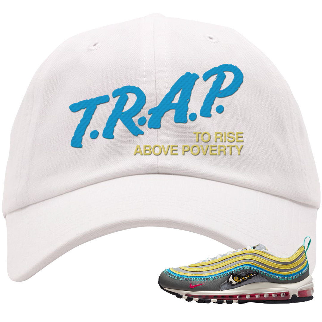 Sprung Yellow 97s Dad Hat | Trap To Rise Above Poverty, White