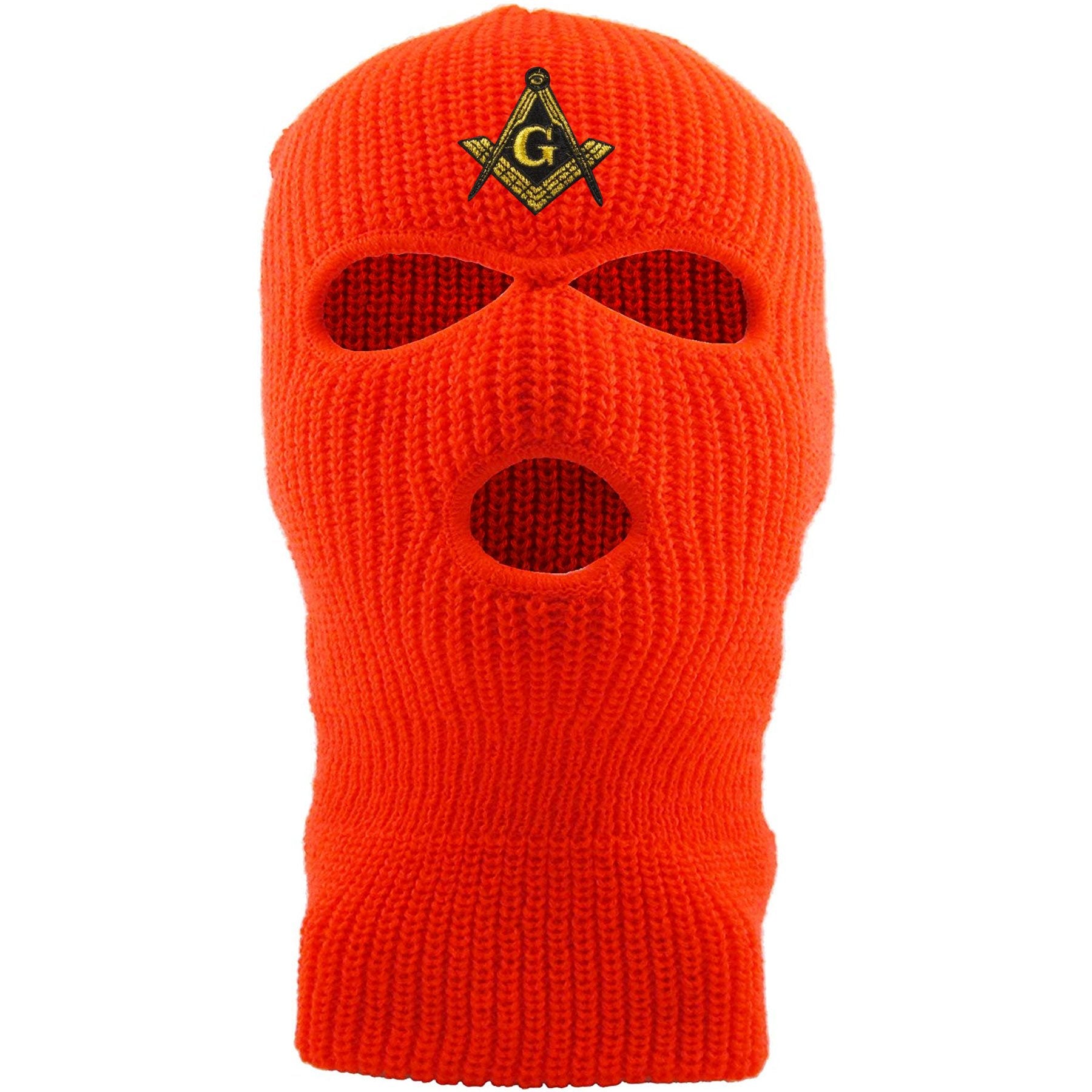 Embroidered on the front of the safety orange masonic ski mask is the free mason square compass logo embroidered in gold and black