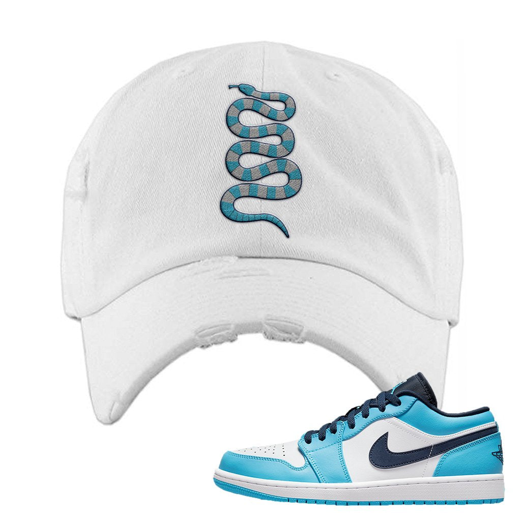 Air Jordan 1 Low UNC Distressed Dad Hat | Coiled Snake, White