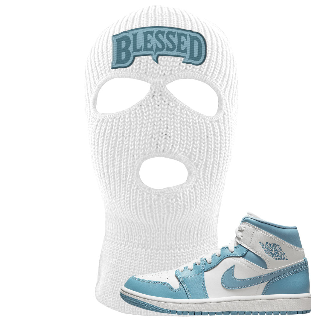 University Blue Mid 1s Ski Mask | Blessed Arch, White