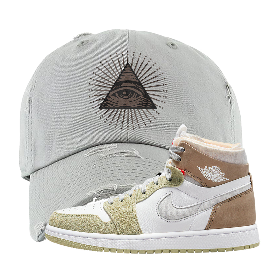 Zoom CMFT Olive Aura 1s Distressed Dad Hat | All Seeing Eye, Light Gray