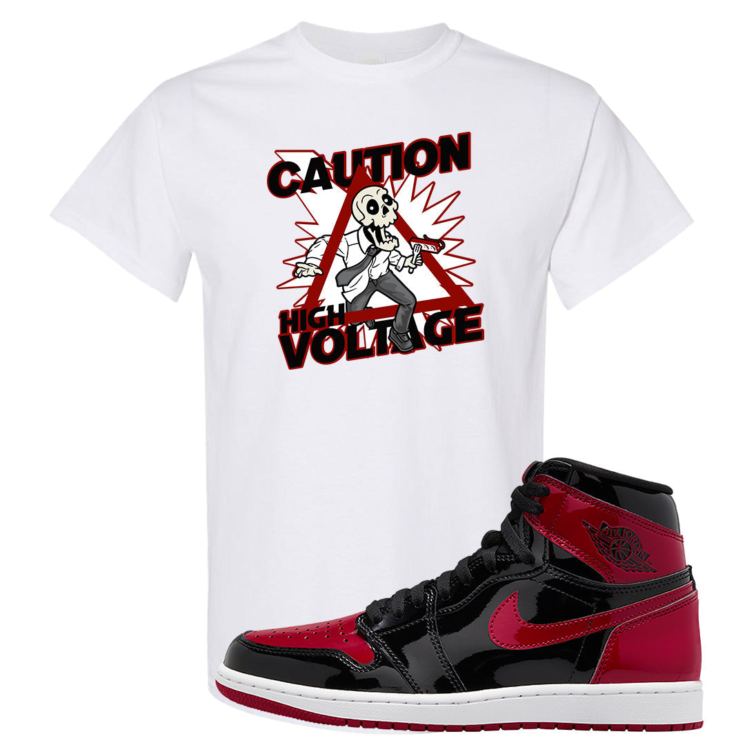 Patent Bred 1s T Shirt | Caution High Voltage, White