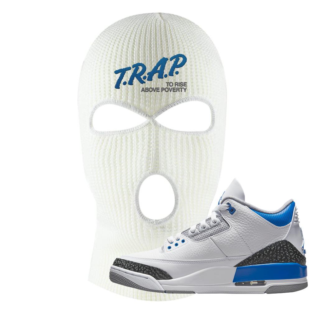 Racer Blue 3s Ski Mask | Trap To Rise Above Poverty, White