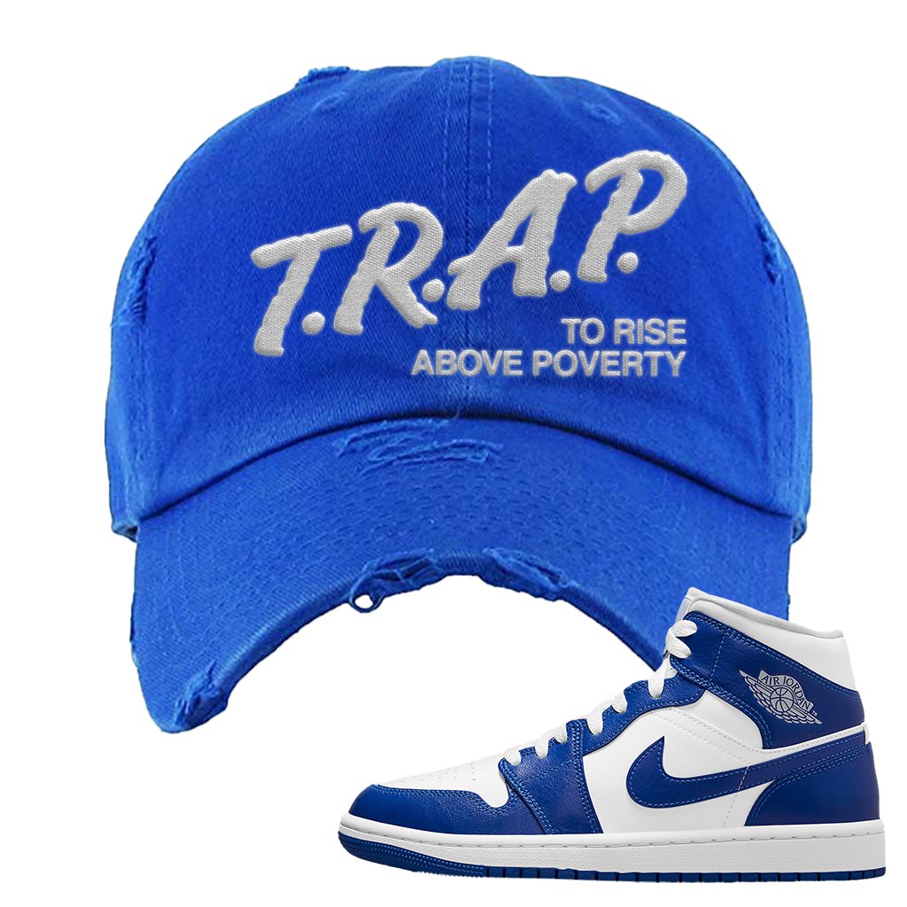 Air Jordan 1 Mid Kentucky Blue Distressed Dad Hat | Trap To Rise Above Poverty, Royal