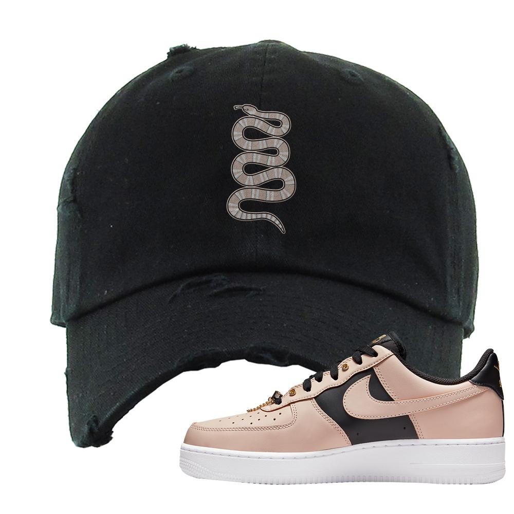 Air Force 1 Low Bling Tan Leather Distressed Dad Hat | Coiled Snake, Black