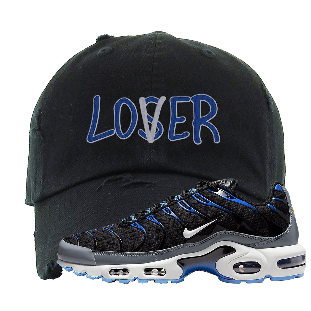 University Blue Black Pluses Distressed Dad Hat | Lover, Black
