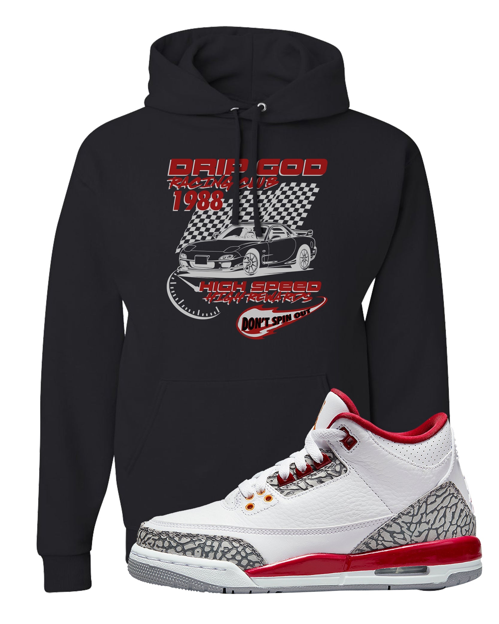 Cardinal Red 3s Hoodie | Drip God Racing Club, Black