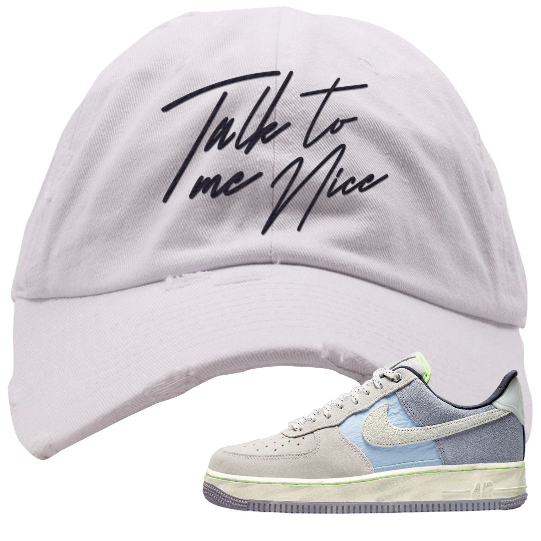 Womens Mountain White Blue AF 1s Distressed Dad Hat | Talk To Me Nice, White