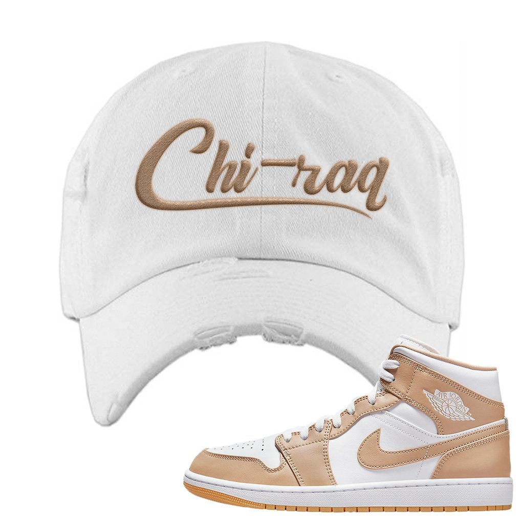 Air Jordan 1 Mid Tan Leather Distressed Dad Hat | Chiraq, White