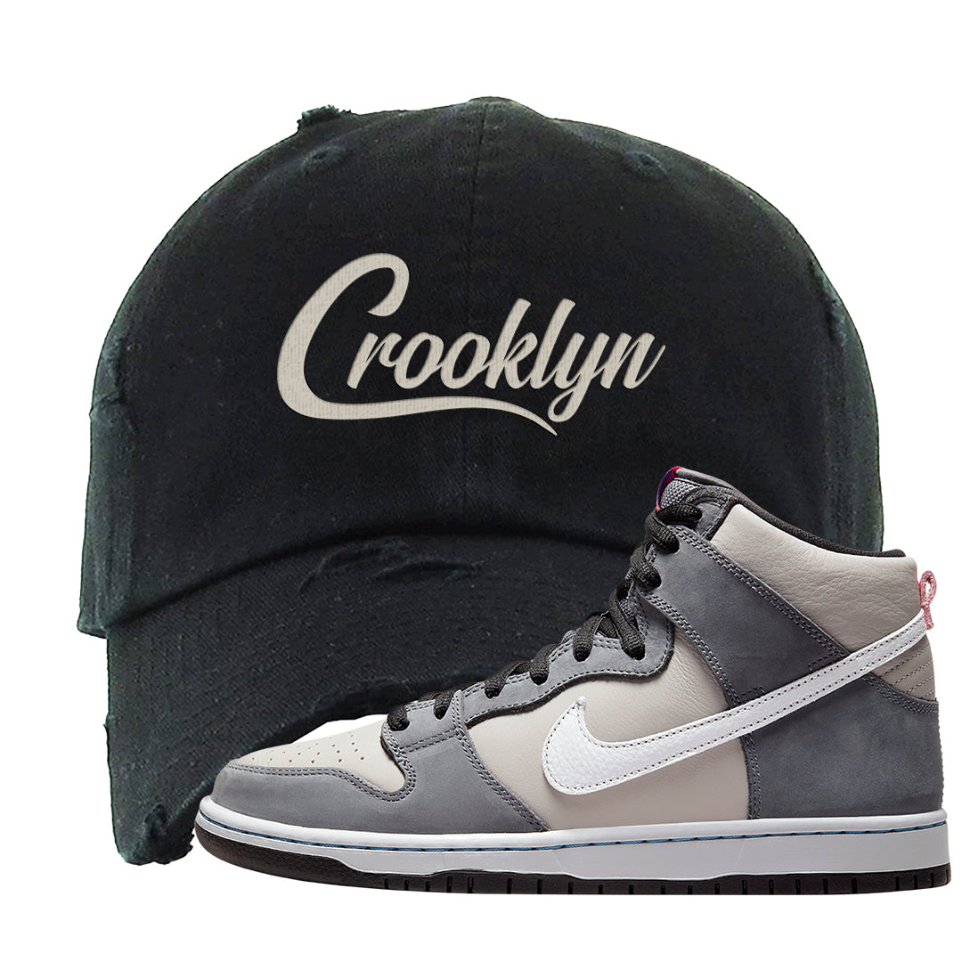 Medium Grey High Dunks Distressed Dad Hat | Crooklyn, Black