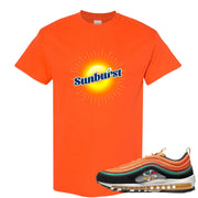 Printed on the front of the Air Max 97 Sunburst Safety Orang Sneaker Matching Tee Shirt is the Sunburst Soda logo