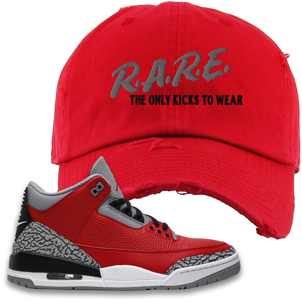 Chicago Exclusive Jordan 3 Red Cement Sneaker Red Distressed Dad Hat | Hat to match Jordan 3 All Star Red Cement Shoes | Rare