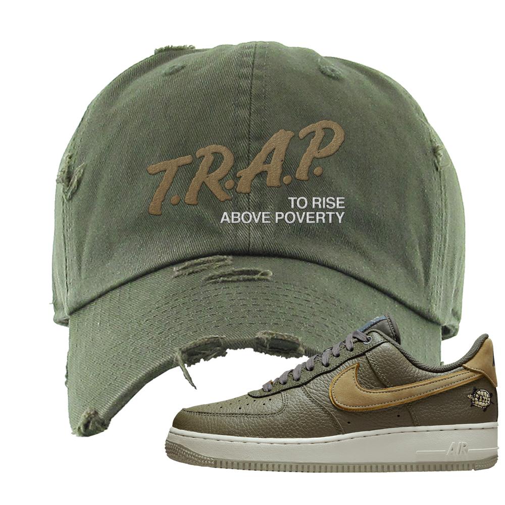 Tortoise Low AF1s Distressed Dad Hat | Trap To Rise Above Poverty, Olive